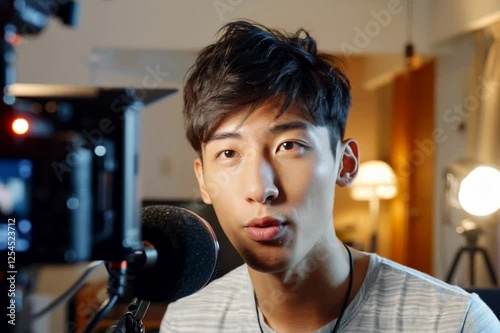 部屋で動画配信の撮影をする日本人男性（ライブ配信・YouTube・ ユーチューバー・クリエイター）	