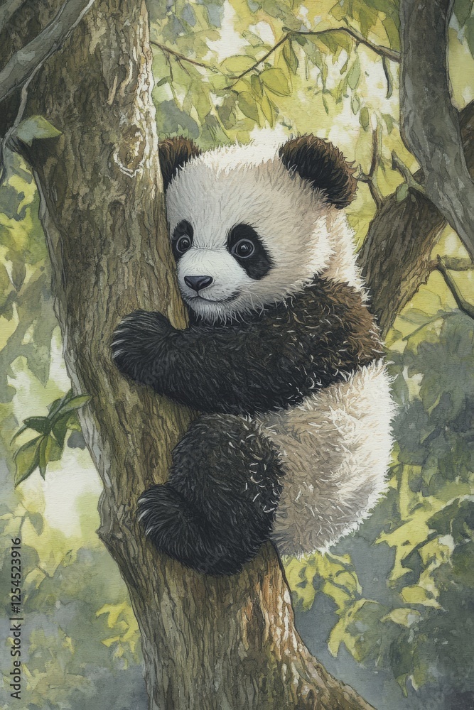 Obraz premium A baby panda climbing a tree,