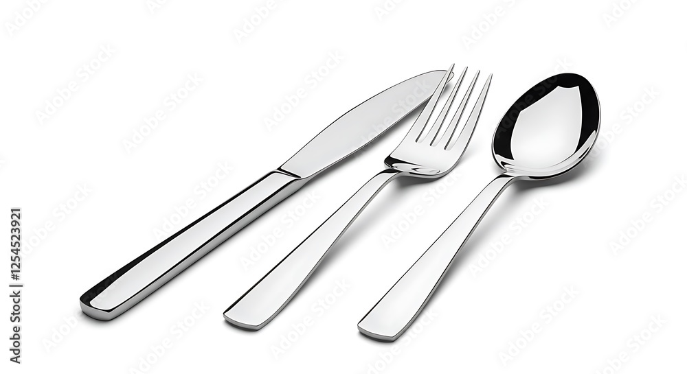 Shiny Silverware Set Knife Fork and Spoon Arrangement on White Shiny Silverware Set Knife Fork and Spoon Arrangement on White