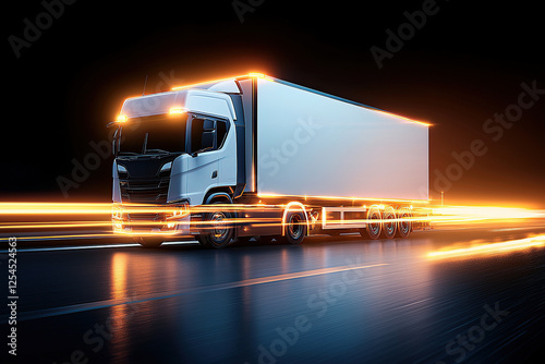 futuristic truck with glowing lights speeds along highway at night, showcasing advanced technology and efficiency in logistics