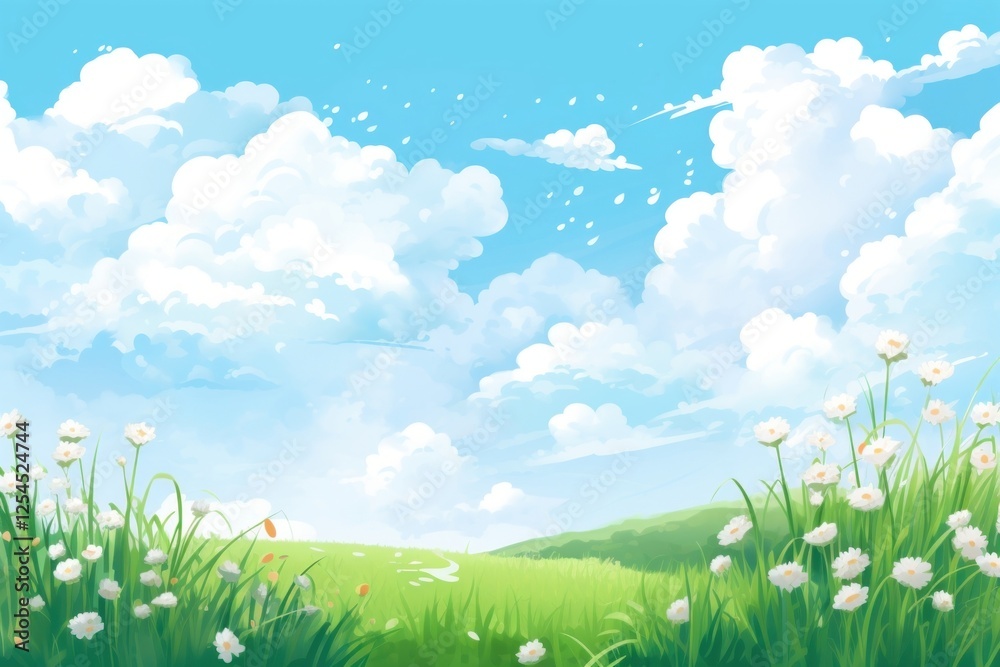 Fototapeta premium Grass and flowers green sky grassland.