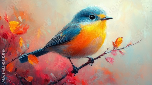 Abstract animal little Bird portrait with multi colored colorful on wings and feathers paint, Vibrant bright gradients tone