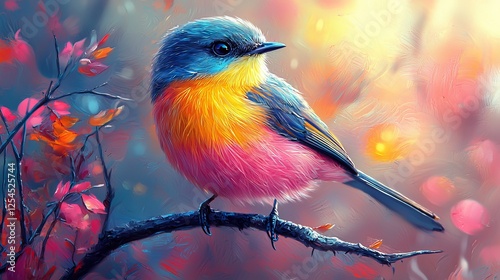Abstract animal little Bird portrait with multi colored colorful on wings and feathers paint, Vibrant bright gradients tone