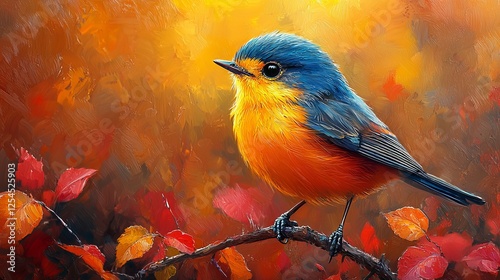 Abstract animal little Bird portrait with multi colored colorful on wings and feathers paint, Vibrant bright gradients tone