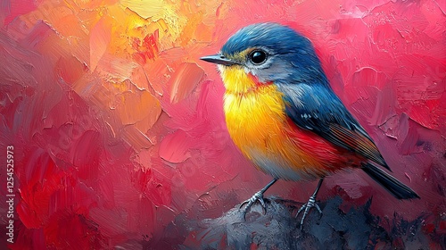 Abstract animal little Bird portrait with multi colored colorful on wings and feathers paint, Vibrant bright gradients tone