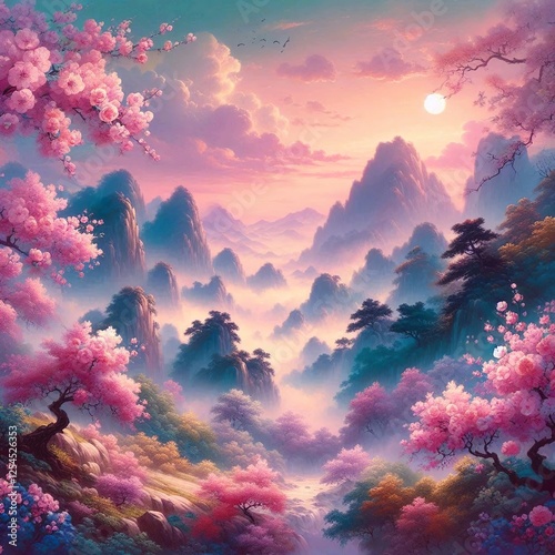 Wallpaper Mural An otherworldly landscape featuring a prominent cherry blossom tree against a backdrop of mystical mountains and soft clouds. Torontodigital.ca