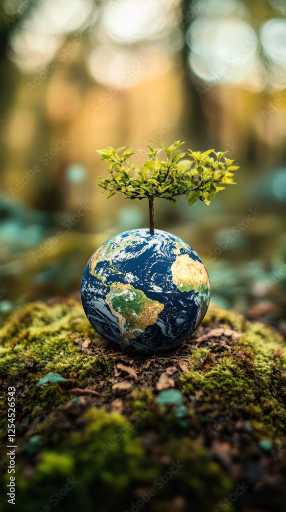 Earth globe with small tree growing on top in forest setting with blurred background