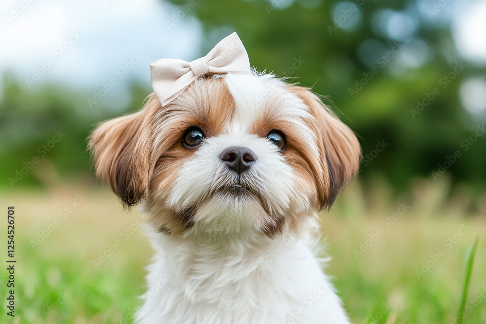 A cute small dog with a bow on its head, standing in a green field, showcasing playful innocence and charm.