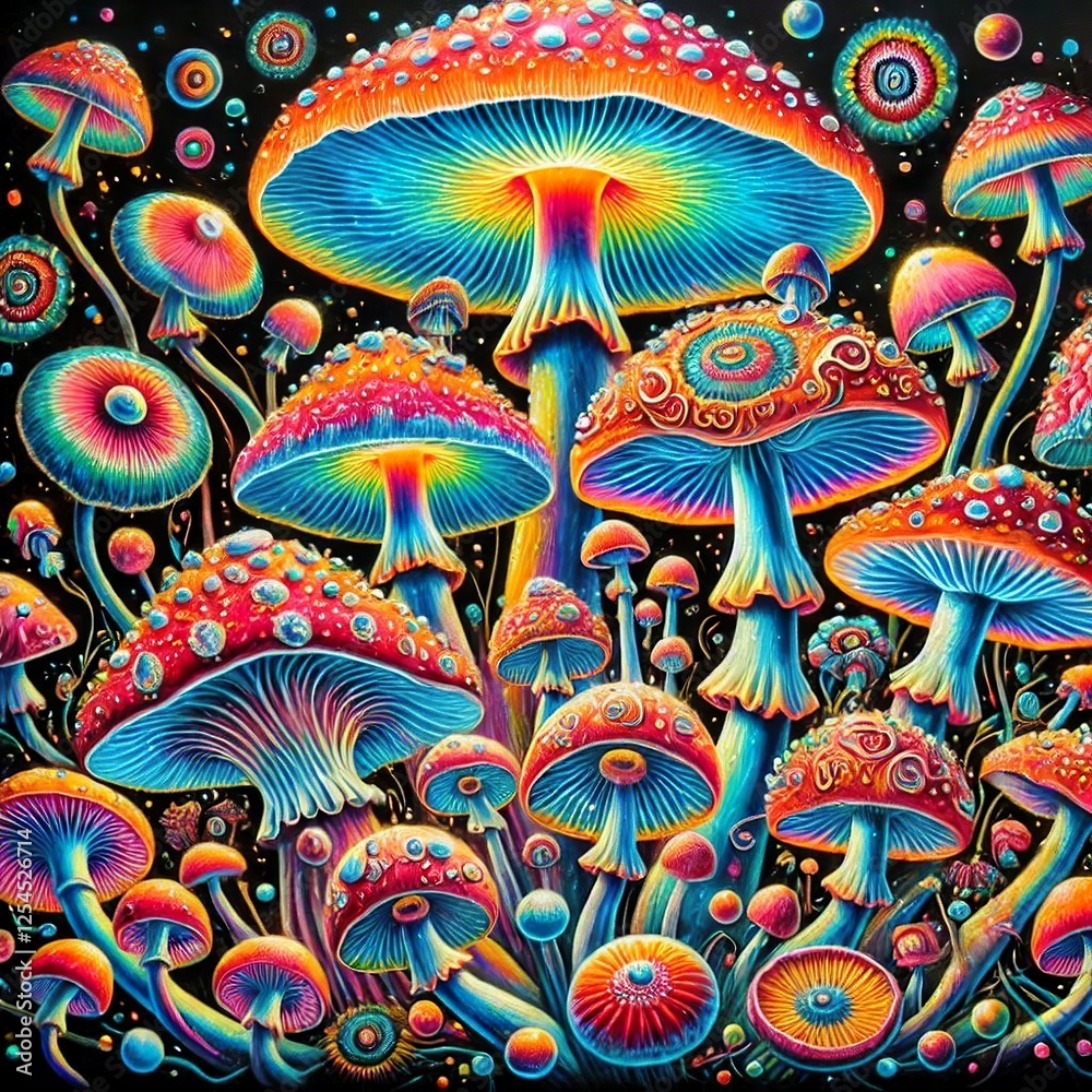custom made wallpaper toronto digitalAn enchanting depiction of a forest of mushrooms illuminated with vivid colors, beneath a celestial sky.