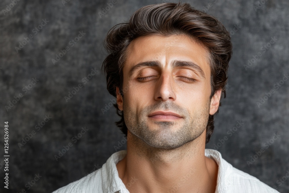 Man with closed eyes enjoying a moment of tranquility in a serene indoor setting with a neutral background Man with closed eyes enjoying a moment of tranquility in a serene indoor setting with a neutral background