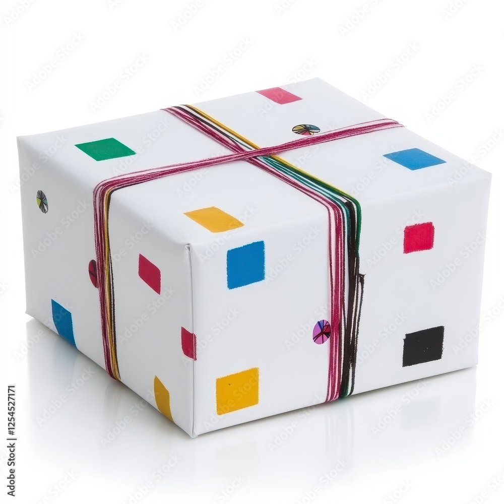 White Gift Box With Colorful Square Pattern And Maroon Twine White Gift Box With Colorful Square Pattern And Maroon Twine