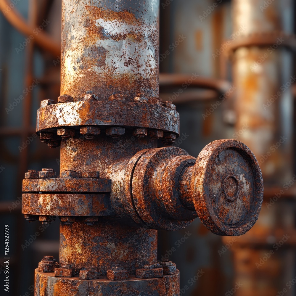 Industrial Rusting Iron Pipe Valve with Bolts and Flange in a Vintage Factory Setting Industrial Rusting Iron Pipe Valve with Bolts and Flange in a Vintage Factory Setting