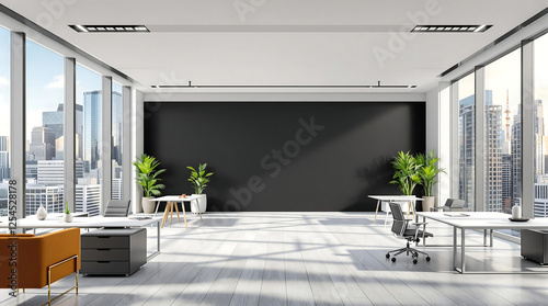 Modern office interior featuring a prominent black accent wall, desks, chairs, and large windows offering city views. Ideal for showcasing contemporary workplace design, corporate branding, or real es