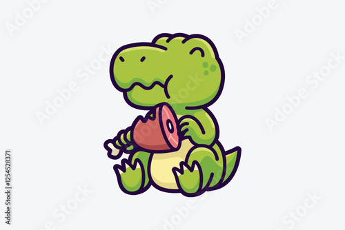 Cute little dino eat meat cartoon illustration