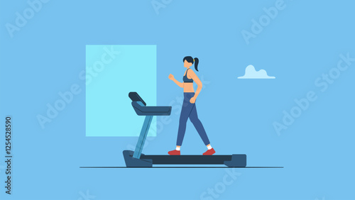 A young slender woman running on a treadmill in a fitness center or gym isolated background.