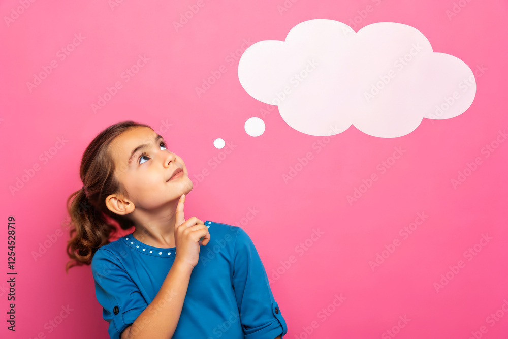 Young Girl Thinking with Pink Background and Thought Bubble for Creative Concepts Young Girl Thinking with Pink Background and Thought Bubble for Creative Concepts