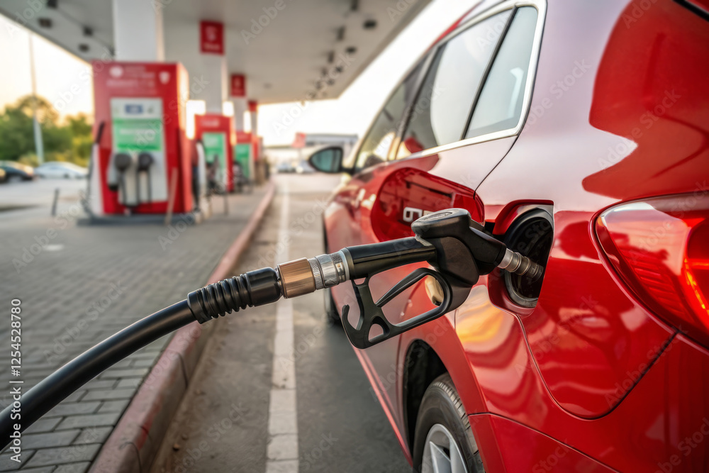 Fueling a Red Sedan at a Gas Station with Pump Nozzle Ready to Insert into Tank Fueling a Red Sedan at a Gas Station with Pump Nozzle Ready to Insert into Tank