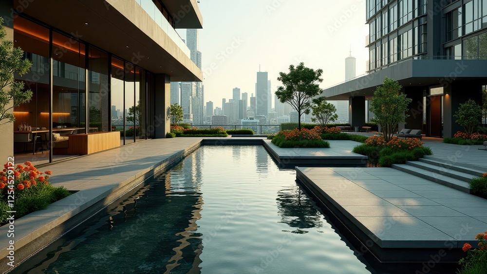 Obraz premium Spacious rooftop garden with lush greenery, water feature, and modern city skyline 