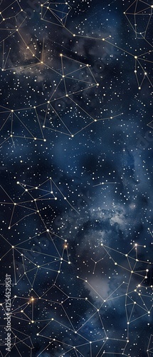 Midnight blue vastness, a geometric constellation pattern in platinum, celestial inspired with precise dot connections artifacts. photo