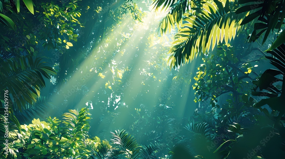 Fototapeta premium Lush tropical jungle canopy with sunbeams filtering through green foliage and palm leaves