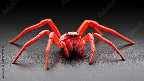 Bright red spider displays its intricate features against a dark background in a close-up view photo