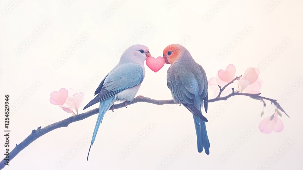 Obraz premium Two Lovebirds Holding Heart-Shaped Petals on Branch, Romantic Moment, Soft Pastel Feathers, isolated on transparent background, png, Studio Shot