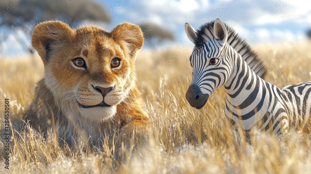 Obraz premium Close-up of a lion cub and a zebra in a sunlit savanna, showcasing wildlife interaction in nature