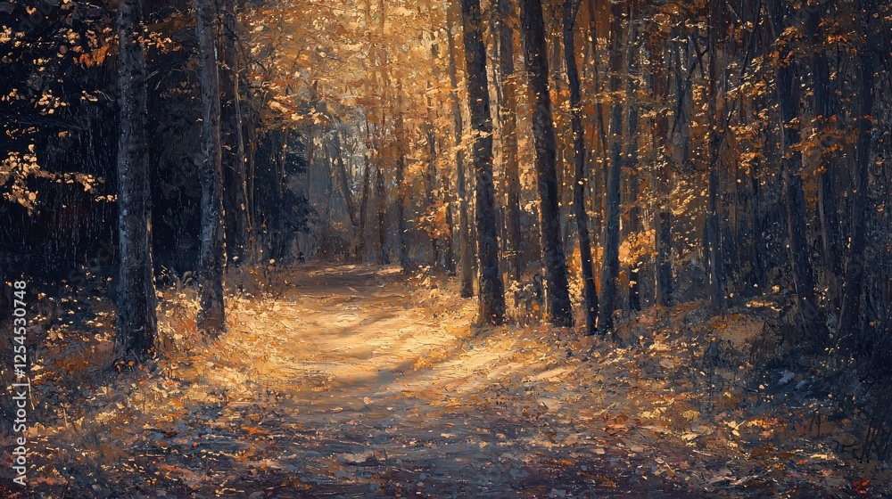 Fototapeta premium Golden Sunlight Illuminating a Forest Path Through the Trees in an Impressionistic Style