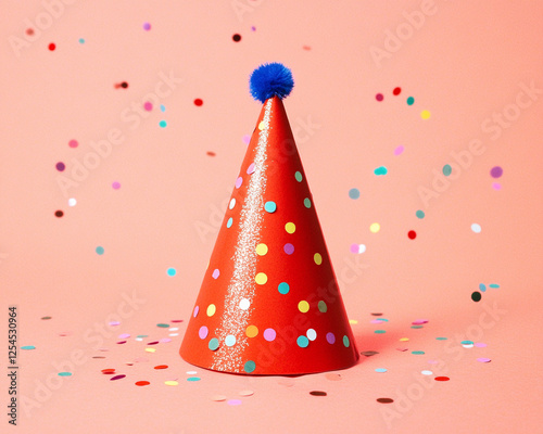 A vibrant red party hat decorated with colorful confetti on a soft pink background, perfect for celebrations and festive occasions. photo