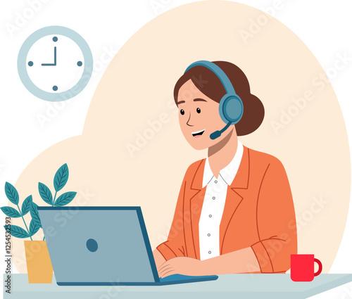 Illustration of a female customer service representative working at a desk. She is typing on a laptop.