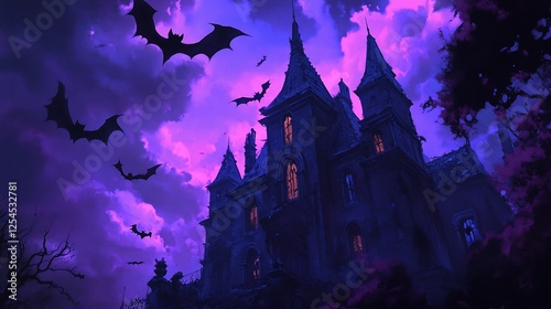 Spooky gothic mansion at twilight with bats flying in the purple night sky