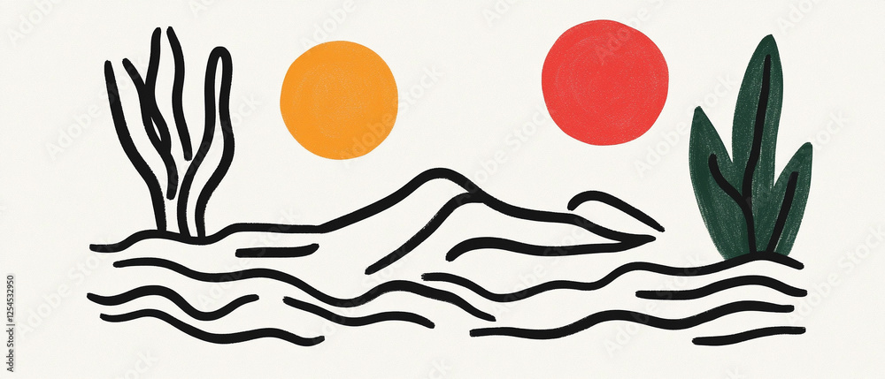 Naklejka premium Minimalistic illustration of mountains and plants under two vibrant suns, evoking a serene outdoor atmosphere.