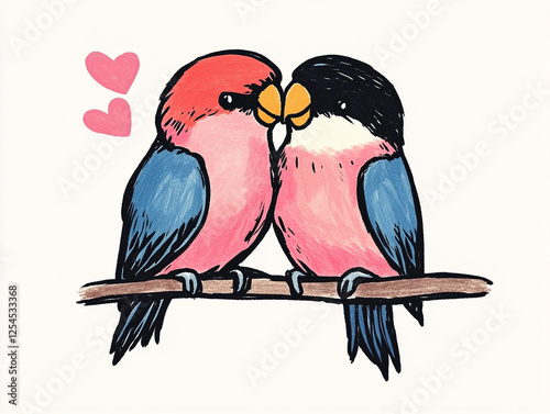 Two colorful birds share a tender moment, symbolizing love and companionship, set against a light background with heart illustrations. photo