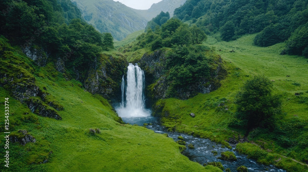 Fototapeta premium Mountain Waterfall, Lush Valley, Scenic Landscape