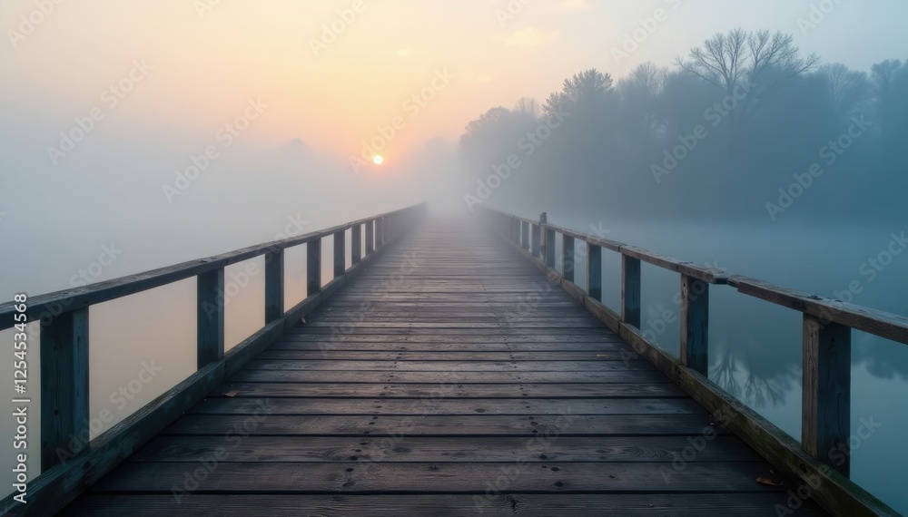 Fototapeta premium Mist wraps around the wooden planks of the bridge, misty, mist, tranquil