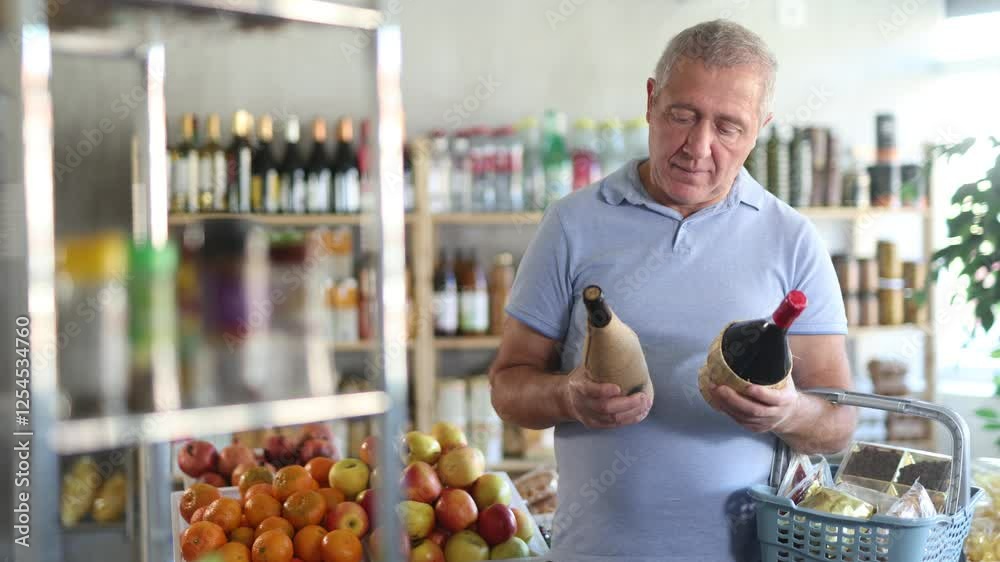 Elderly man buyer chooses bottle of wine in grocery store Elderly man buyer chooses bottle of wine in grocery store