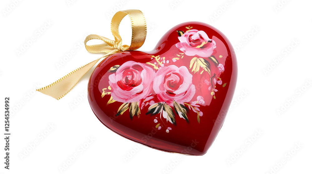 Ceramic Heart-Shaped Valentine Ornament with Hand-Painted Pink Roses and Gold Accents, Glossy Red Finish, Silk Ribbon Loop, Isolated on transparent background, High-Quality Studio Shot Ceramic Heart-Shaped Valentine Ornament with Hand-Painted Pink Roses and Gold Accents, Glossy Red Finish, Silk Ribbon Loop, Isolated on transparent background, High-Quality Studio Shot