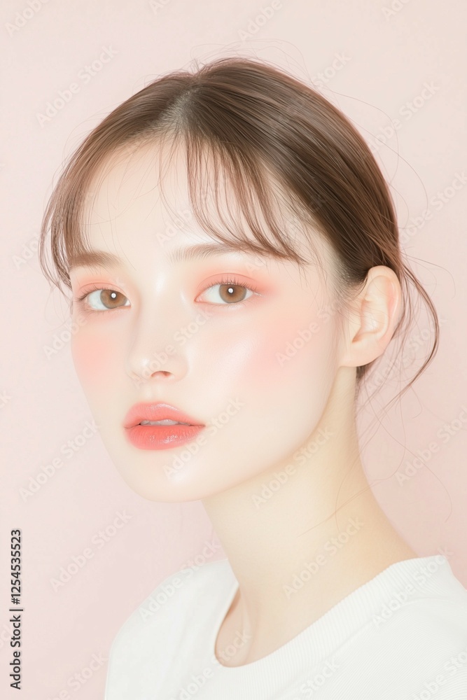 Soft Beauty Portrait of an Asian Woman with Pink Blush and Radiant Skin Soft Beauty Portrait of an Asian Woman with Pink Blush and Radiant Skin