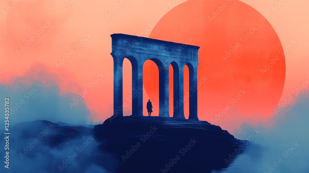 Fototapeta premium Silhouette of a person standing in an ancient structure at sunset. Moody, surreal, and atmospheric.
