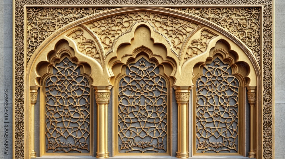Beautiful gold Arabic window with traditional Islamic geometric patterns, door frame with ornate arches and intricate architectural elements Beautiful gold Arabic window with traditional Islamic geometric patterns, door frame with ornate arches and intricate architectural elements