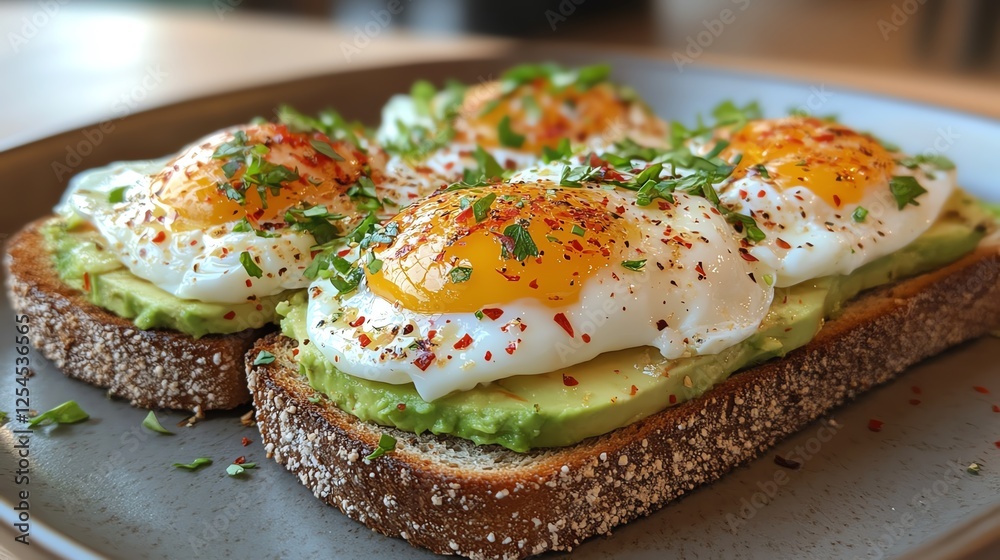 Delicious poached eggs on avocado toast garnished with fresh herbs and spices, served on a rustic plate. A healthy, visually appealing breakfast option for food lovers. Delicious poached eggs on avocado toast garnished with fresh herbs and spices, served on a rustic plate. A healthy, visually appealing breakfast option for food lovers.