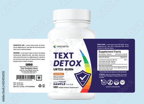 Modern eye-catching product label with sleek typography, rainbow accents, and geometric patterns, and gradients, perfect for nutritional information premium detox supplement product packaging.