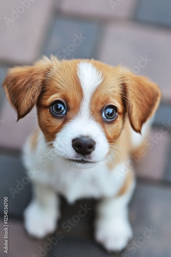 A close-up of a puppy with big, curious eyes and a tilted head photo