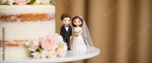 Happy bride and groom figurine on wedding cake, love and celebration