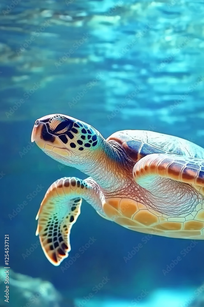 Fototapeta premium A close-up of a sea turtle swimming gracefully in clear blue water