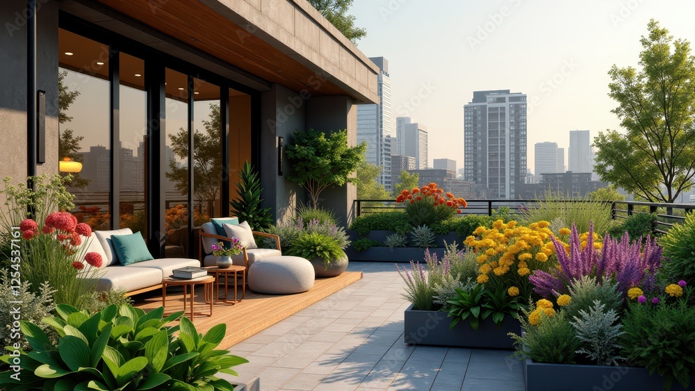 Fototapeta premium Rooftop garden with colorful flowers, greenery, lounge seating, and city skyline 