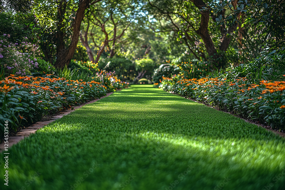 Obraz premium A beautifully maintained green lawn in a backyard garden, surrounded by trees and flowers, creating a peaceful outdoor space.