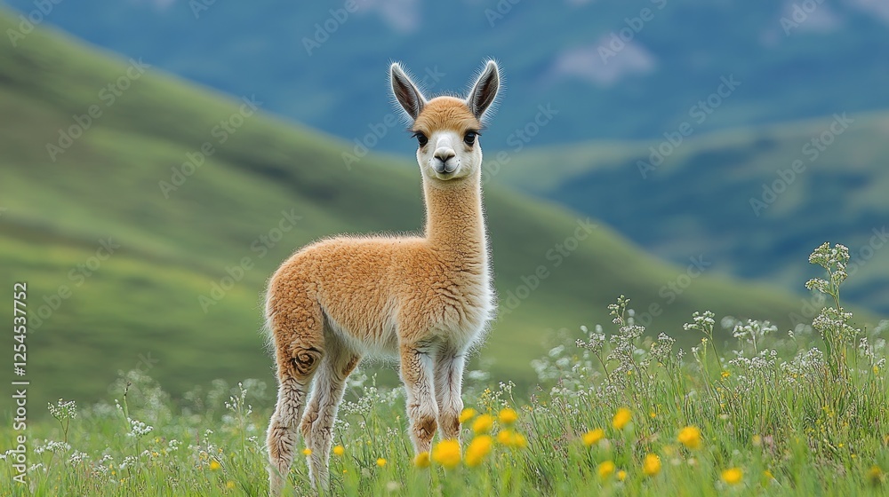 Young llama standing in a vibrant green meadow filled with wildflowers under a clear sky Young llama standing in a vibrant green meadow filled with wildflowers under a clear sky