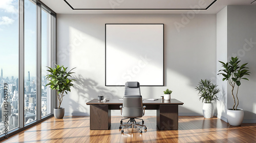Modern office interior, large desk, chair, plants, panoramic city view, and a blank canvas for branding. For corporate visuals, presentations, real estate, or virtual backgrounds. High-rise setting.

