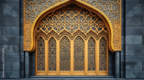Elegant gold Islamic window with geometric patterns, traditional door frame with Arabic arches and intricate architectural elements